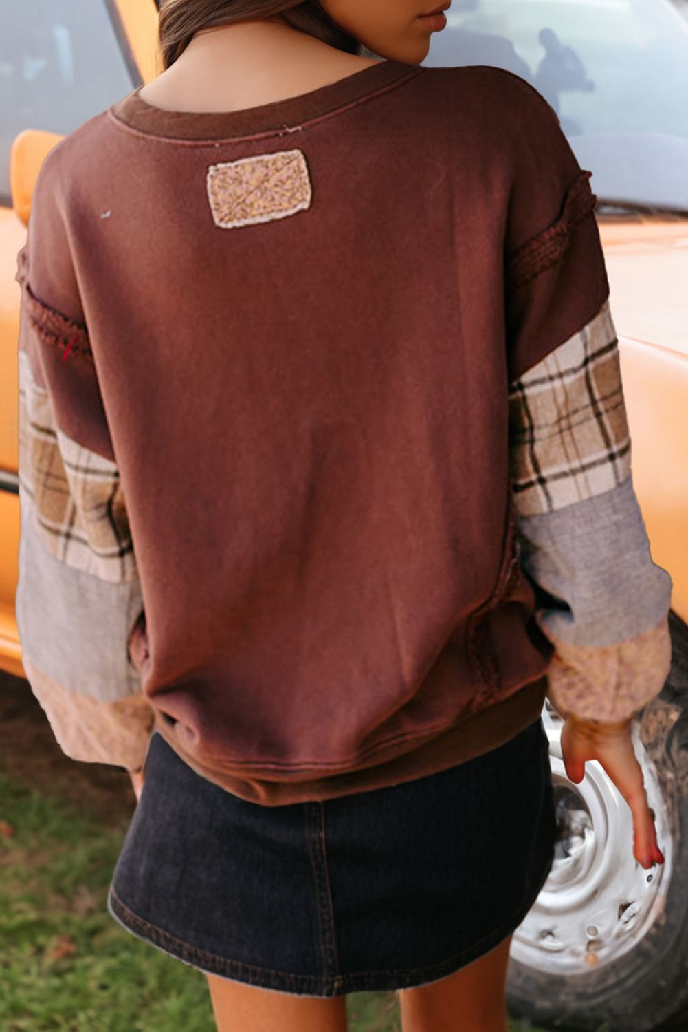 Fashion Plaid Colorblock Patched Sleeve Raw Seam Sweatshirt