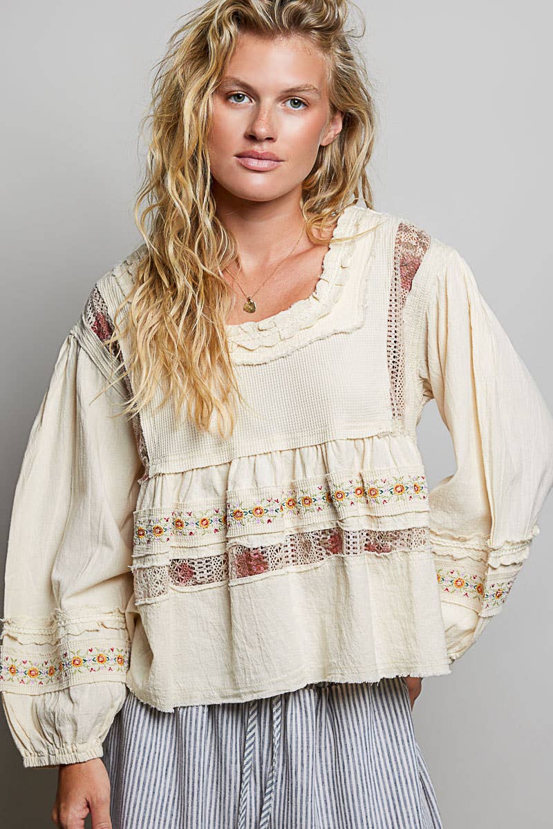 Pol Clothing - Embroidery Lace Contrast Square Neck Long Sleeve top