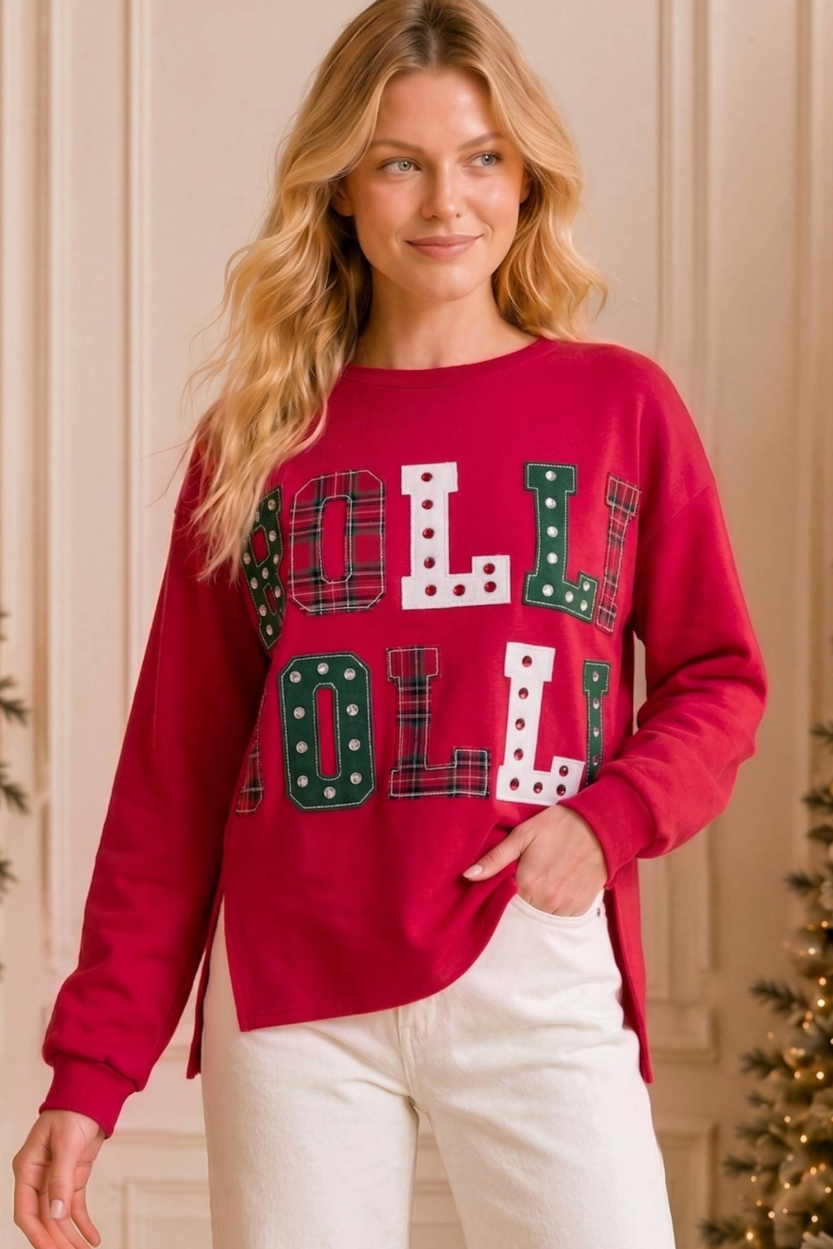 Holly Jolly Patchwork Graphic Holiday Sweatshirt-Main Strip