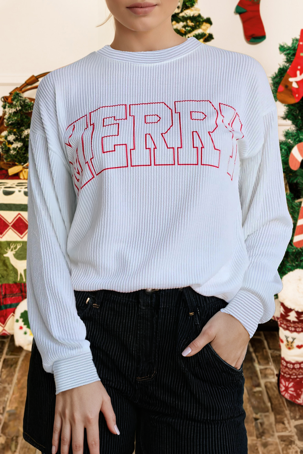 Christmas Twisted Rib Merry Letter Loose Long Sleeve Top