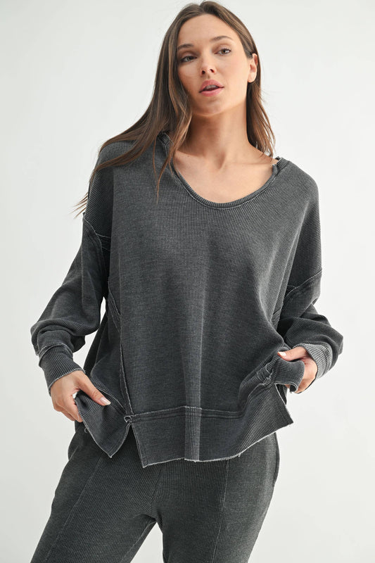 Cotton Blend Waffle Knit Oversized Long Sleeve