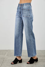HIGH RISE CROP STRAIGHT WITH DOUBLE BUTTON SAIGE DENIM