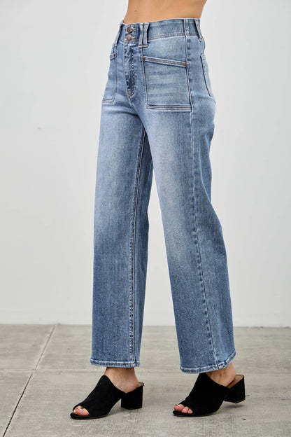 HIGH RISE CROP STRAIGHT WITH DOUBLE BUTTON SAIGE DENIM