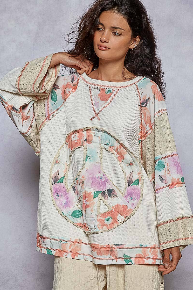 Pol Clothing - Round neck printed peace patch overlock stitch knit top