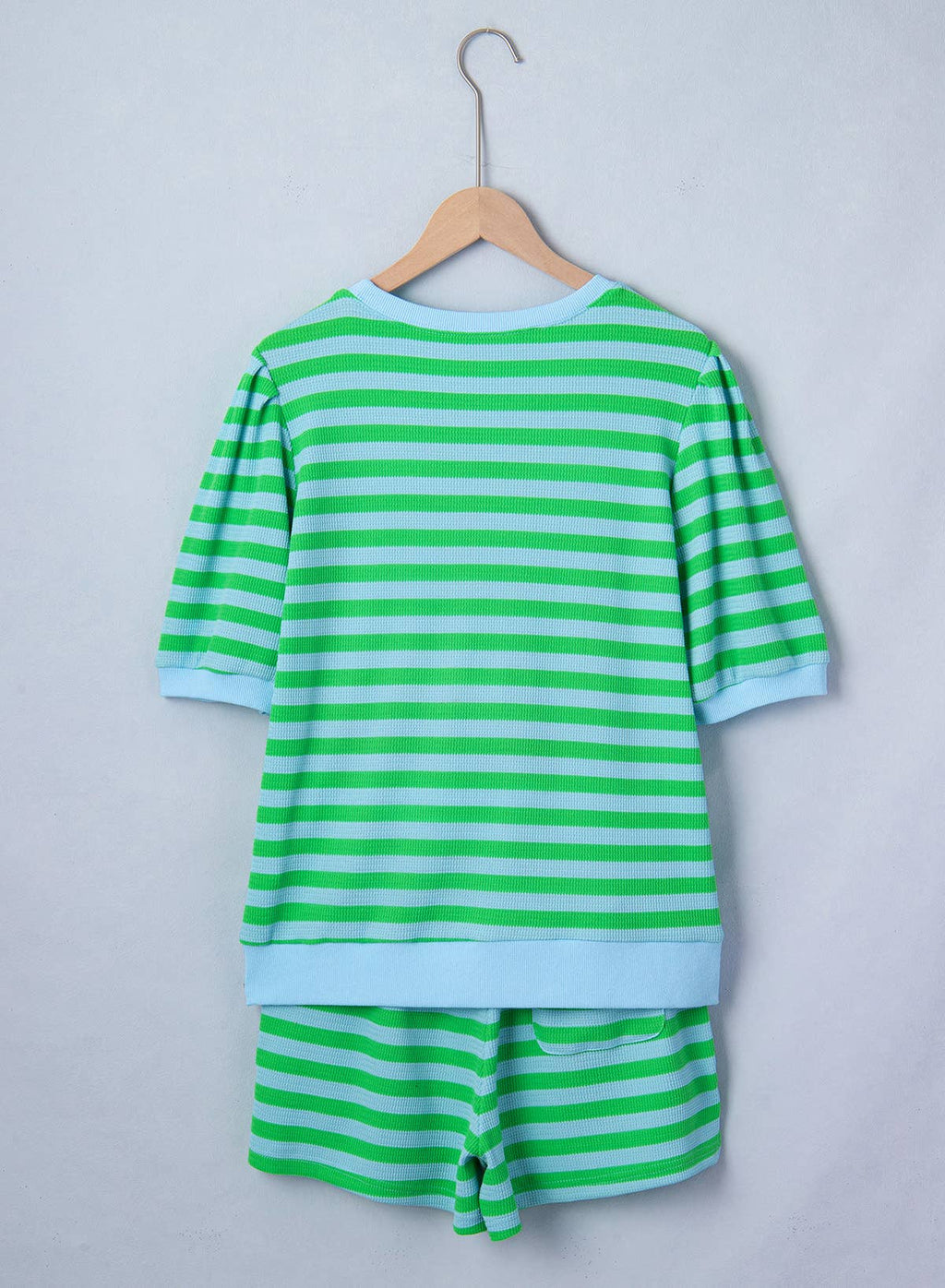 Summer Stripe Puff Short Sleeve T Shirt Matching Shorts Set