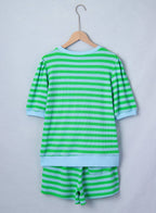 Summer Stripe Puff Short Sleeve T Shirt Matching Shorts Set