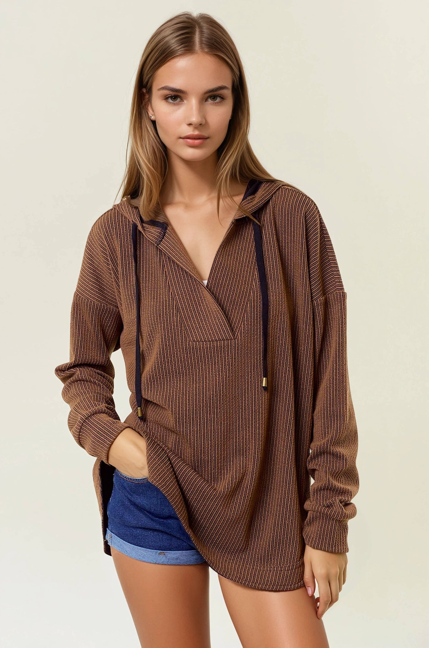 Doe and Rae - Stripe V-Neckline Long Sleeve Hooded Sweatshirt - 44627T