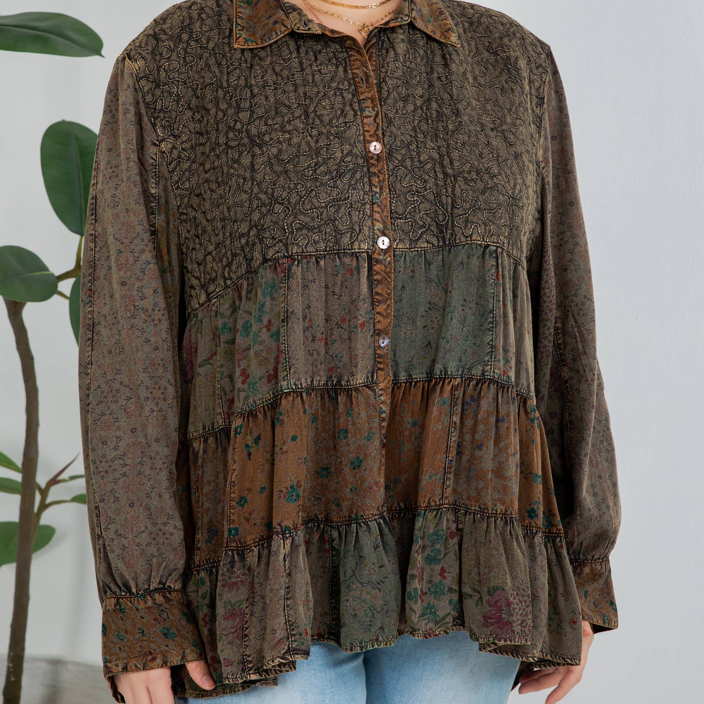 Young Threads - Front-Open Boho Shirt with Quilted Emb & Rayon Tiers