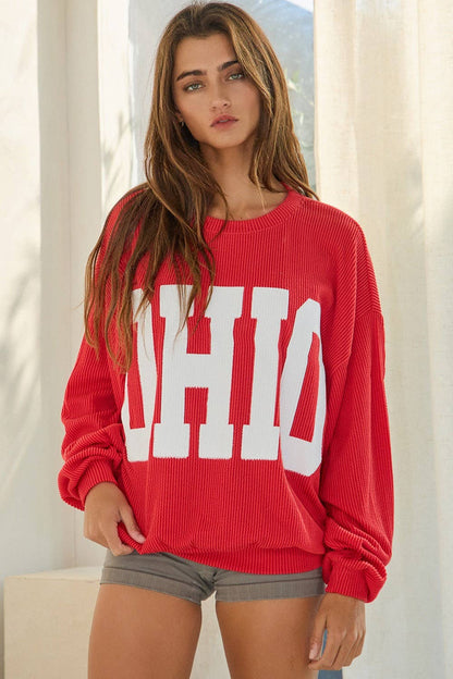 'OHIO' Print Ribbed Oversized Graphic Sweatshirt