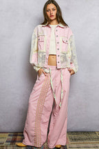 Pol Clothing - Cable Knit Lace Patchwork Woven Long Sleeve Shirt Top