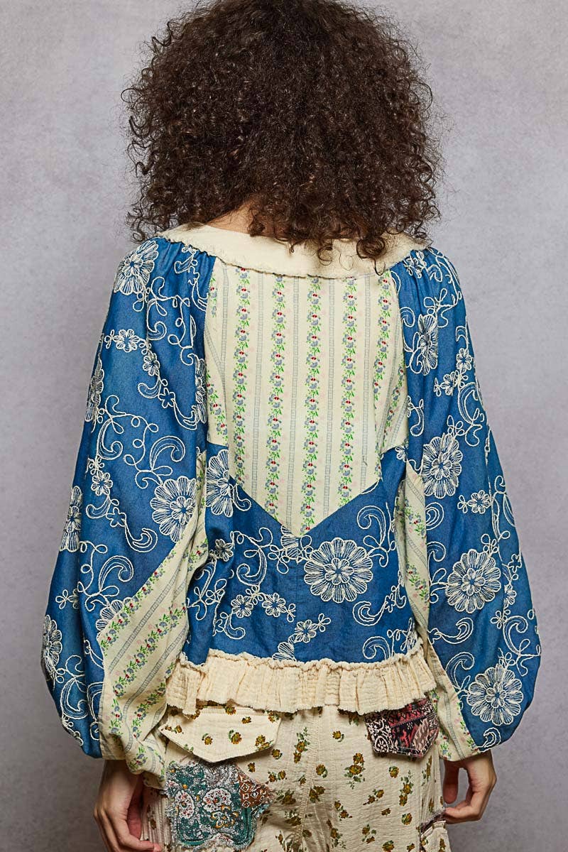 Strawberry V Neck Balloon Sleeve Floral Ruffle Woven Printed Top