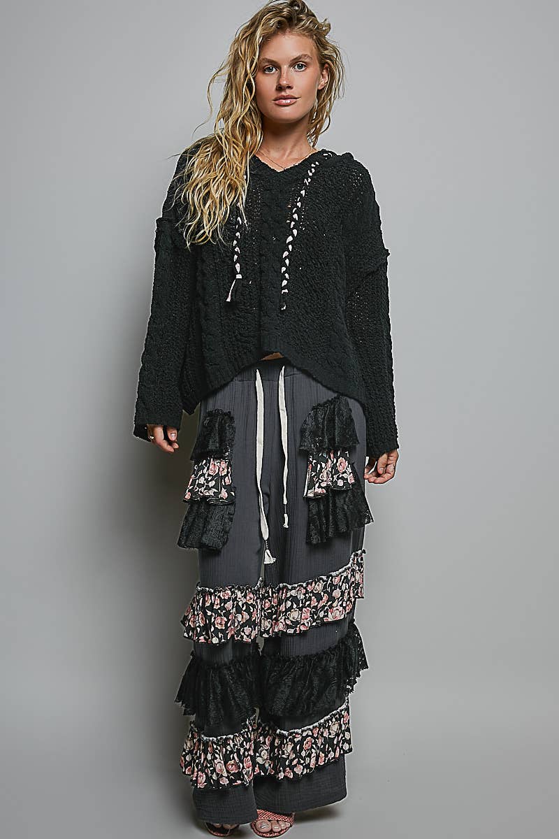 Pol Clothing - Oversize Fit V-neck Hooded Cable Knit Chenille Sweater SALE