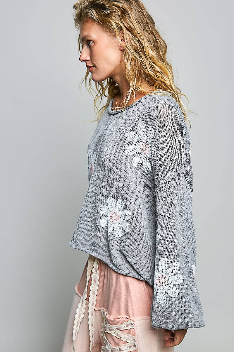 Pol Clothing - Round Neck Balloon Sleeve Floral Print Thin Sweater