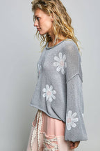 Pol Clothing - Round Neck Balloon Sleeve Floral Print Thin Sweater
