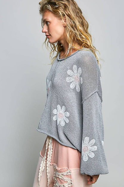 Pol Clothing - Round Neck Balloon Sleeve Floral Print Thin Sweater
