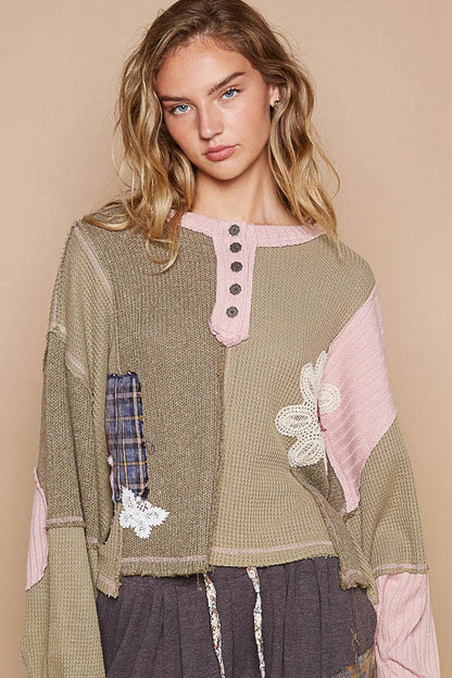 Pol Clothing - Round neck cut and sew patch oversized knit top