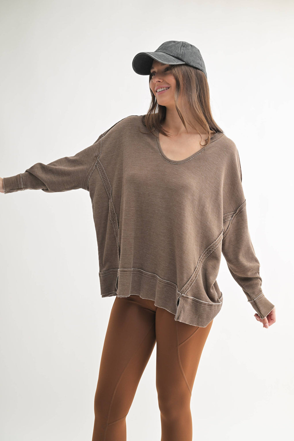 Cotton Blend Waffle Knit Oversized Long Sleeve