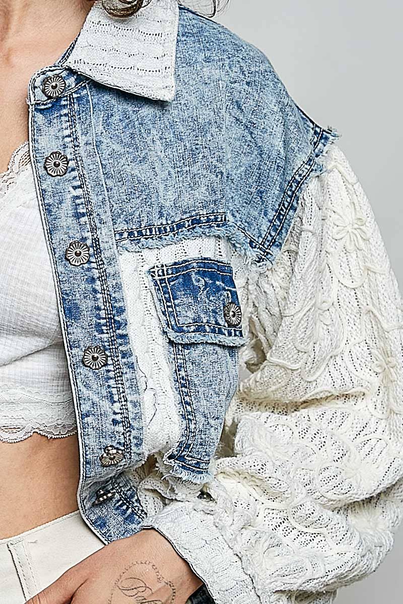 Pol Clothing - Cable Knit Lace Patchwork Woven Long Sleeve Shirt Top