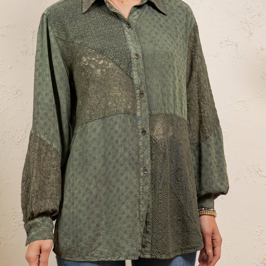 Young Threads - Vintage Washed Lace Patchwork Long Sleeve Shacket NEW