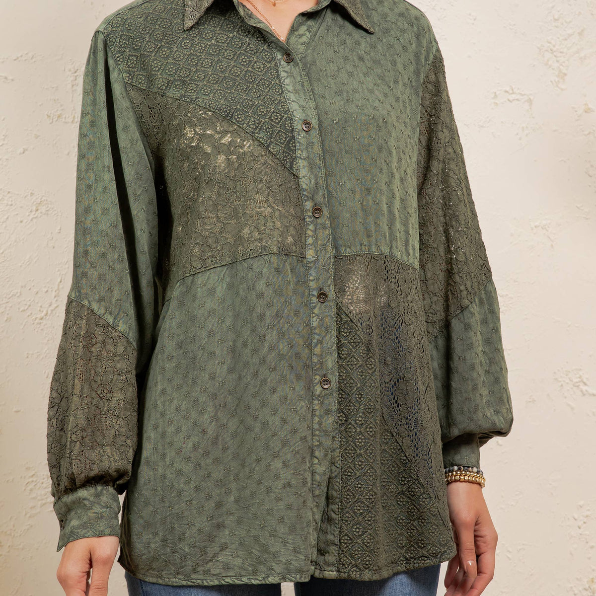 Young Threads - Vintage Washed Lace Patchwork Long Sleeve Shacket NEW