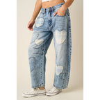 PLAID HEART PATCH BARREL LEG JEANS