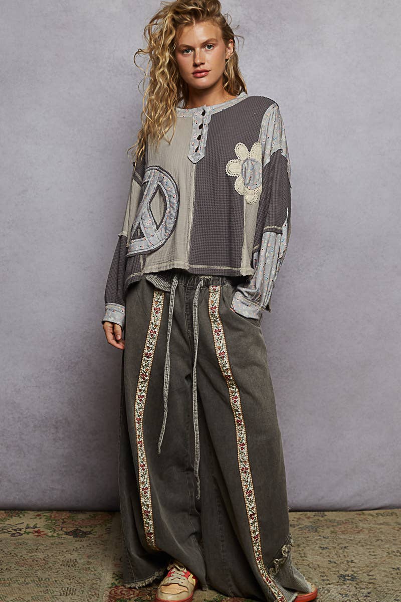 Pol Clothing - Round neck peace patch floral oversized fit knit top