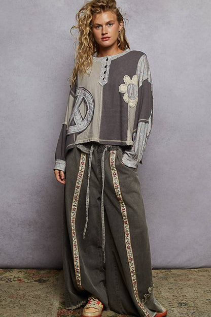 Pol Clothing - Round neck peace patch floral oversized fit knit top