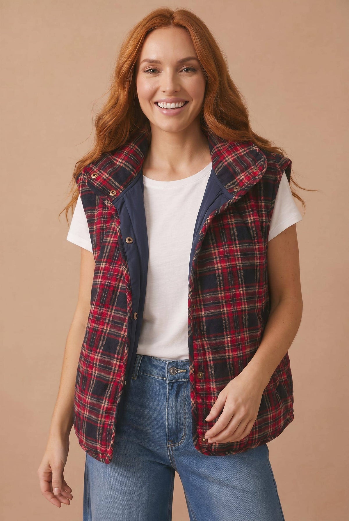 Haptics - High Neck Snap Button Plaid Quilted Vest
