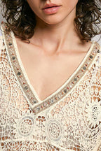Pol Clothing - 3/4 Sleeve V-neck Crochet Varied Pattern Flared Top