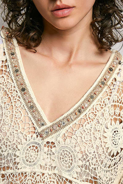 Pol Clothing - 3/4 Sleeve V-neck Crochet Varied Pattern Flared Top