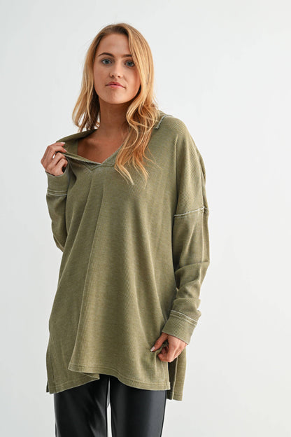 Cotton Blend Waffle Knit Oversized Collared Long Sleeve
