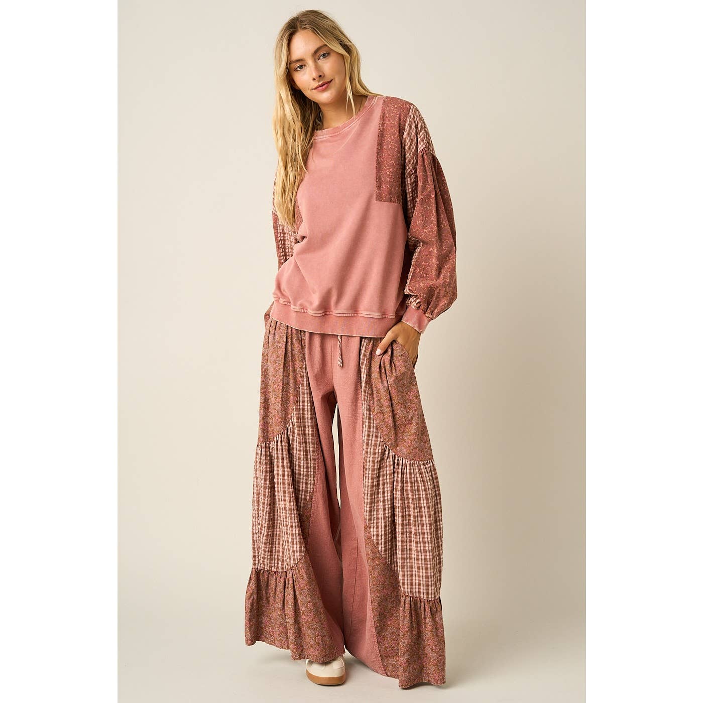 mittoshop - PATCHWORK MIXED PRINT WIDE LEG PANTS