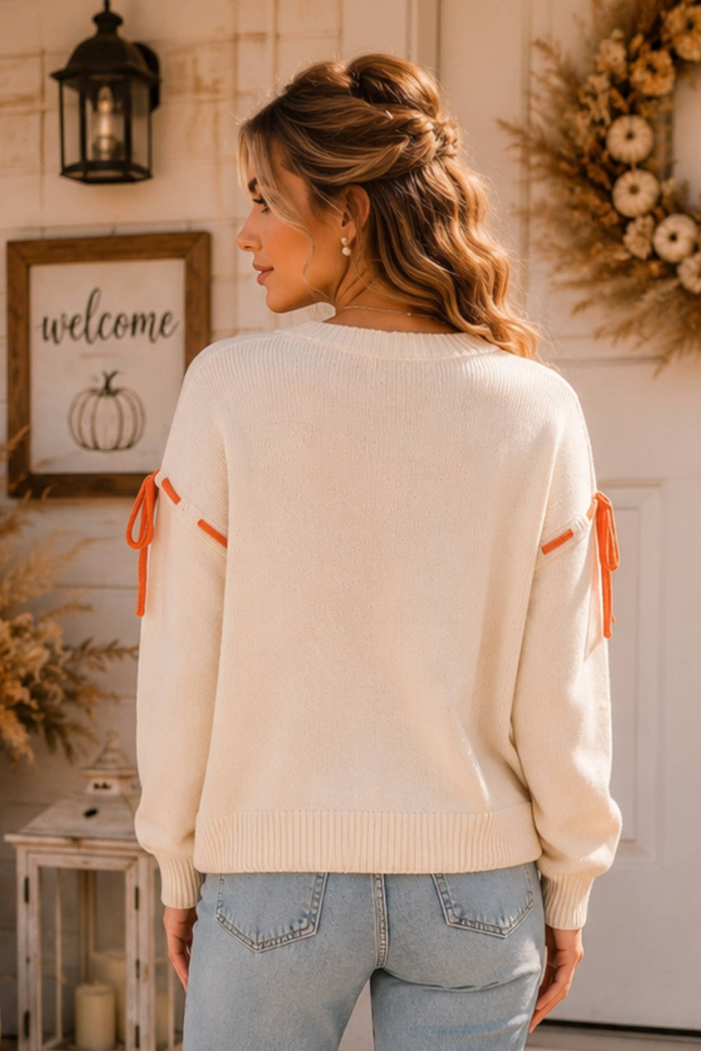 Thankful Pumpkin Graphic Tie-Sleeve Sweater-Main Strip