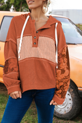 Fashion Waffle Print Patch Drawstring Hooded Long Sleeve Top