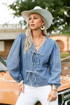 Tied Front Long Puff Sleeve Denim Top