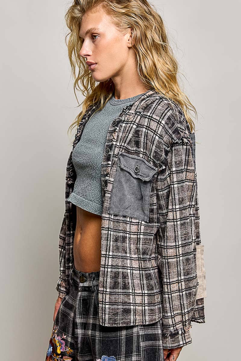 Pol Clothing - Plaid Woven Thermal Patch Floral Patchwork Hoodie Top