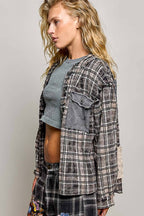 Pol Clothing - Plaid Woven Thermal Patch Floral Patchwork Hoodie Top