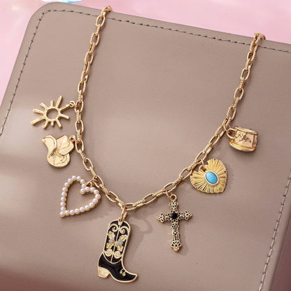 Western Charm Necklace - Boot cross heart
