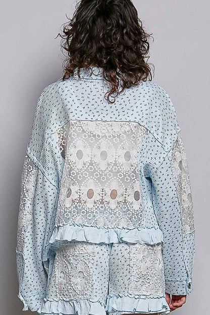 Pol Clothing - Floral Knit Balloon Sleeve Lace Patch Jacket Top