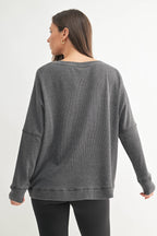 Waffle Ribbed Round Neck Pullover Mono B
