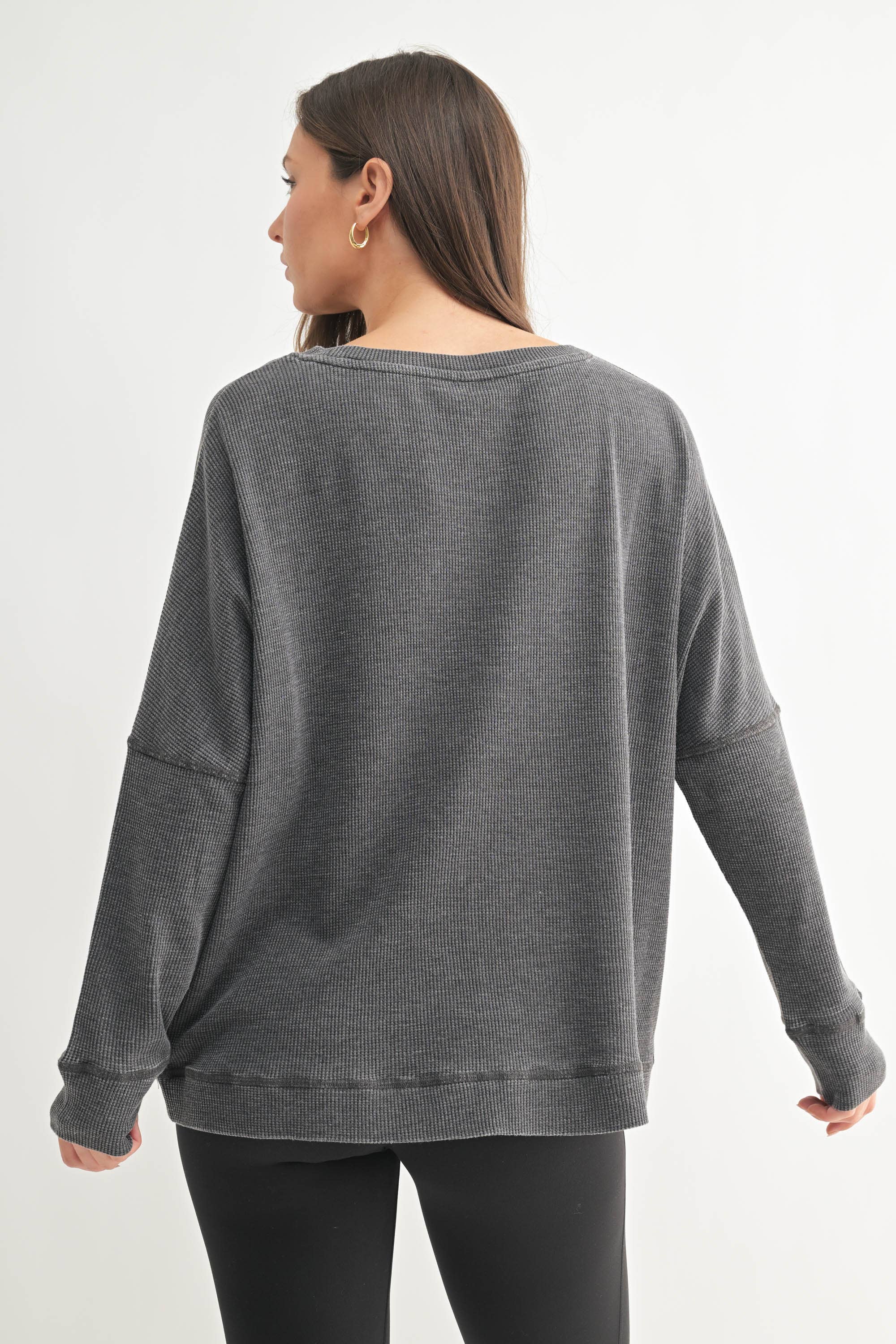 Waffle Ribbed Round Neck Pullover Mono B