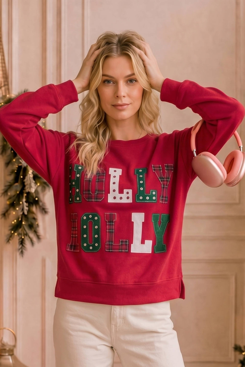 Holly Jolly Patchwork Graphic Holiday Sweatshirt-Main Strip