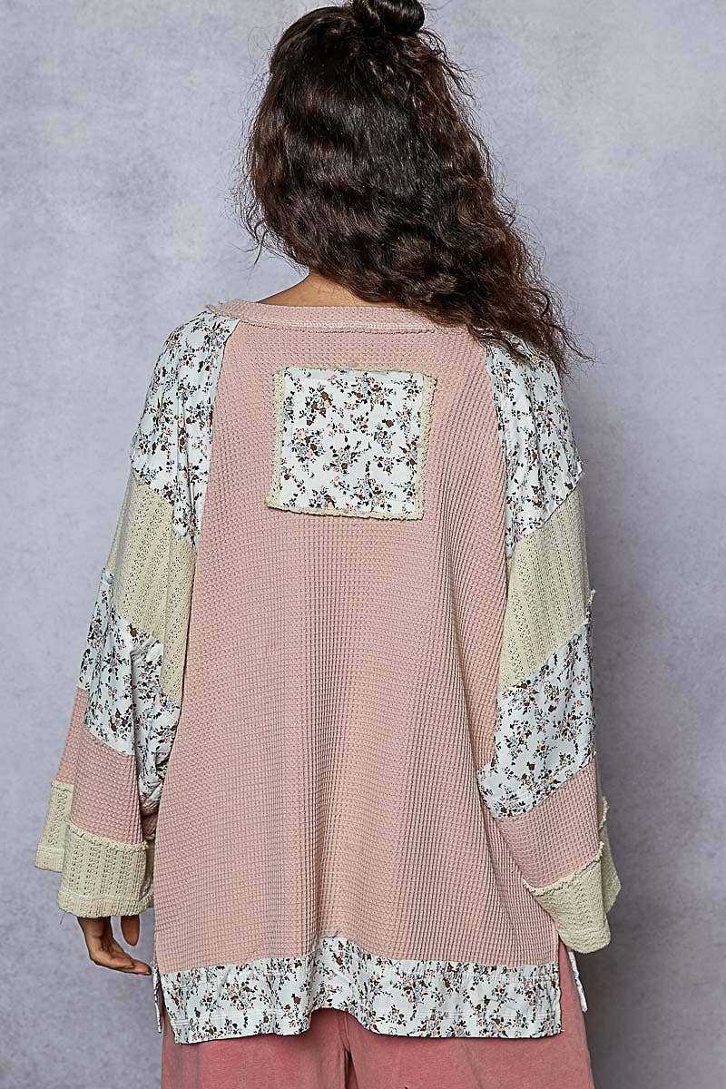Pol Clothing - Round neck printed peace patch overlock stitch knit top