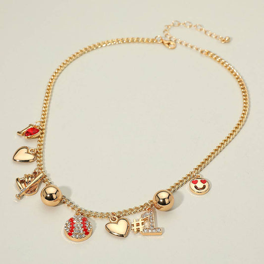 Heart Smile Number One Baseball Charm Station Necklace