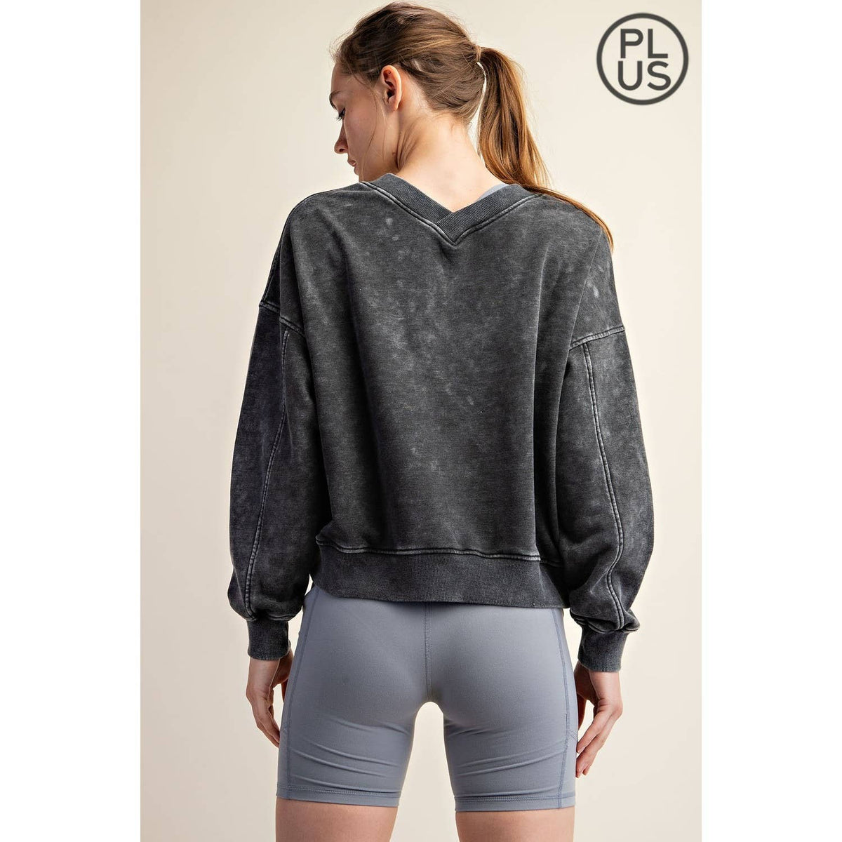 PLUS SIZE MINERAL WASHED FRENCH TERRY V-NECK PULLOVER Rae Mode