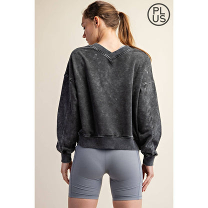 PLUS SIZE MINERAL WASHED FRENCH TERRY V-NECK PULLOVER Rae Mode