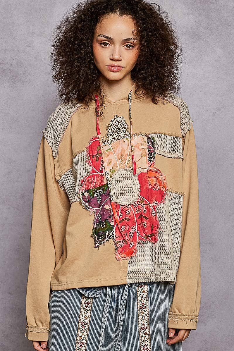 Pol Clothing - Long sleeve French terry printed flower patch knit top