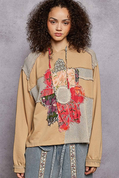 Pol Clothing - Long sleeve French terry printed flower patch knit top