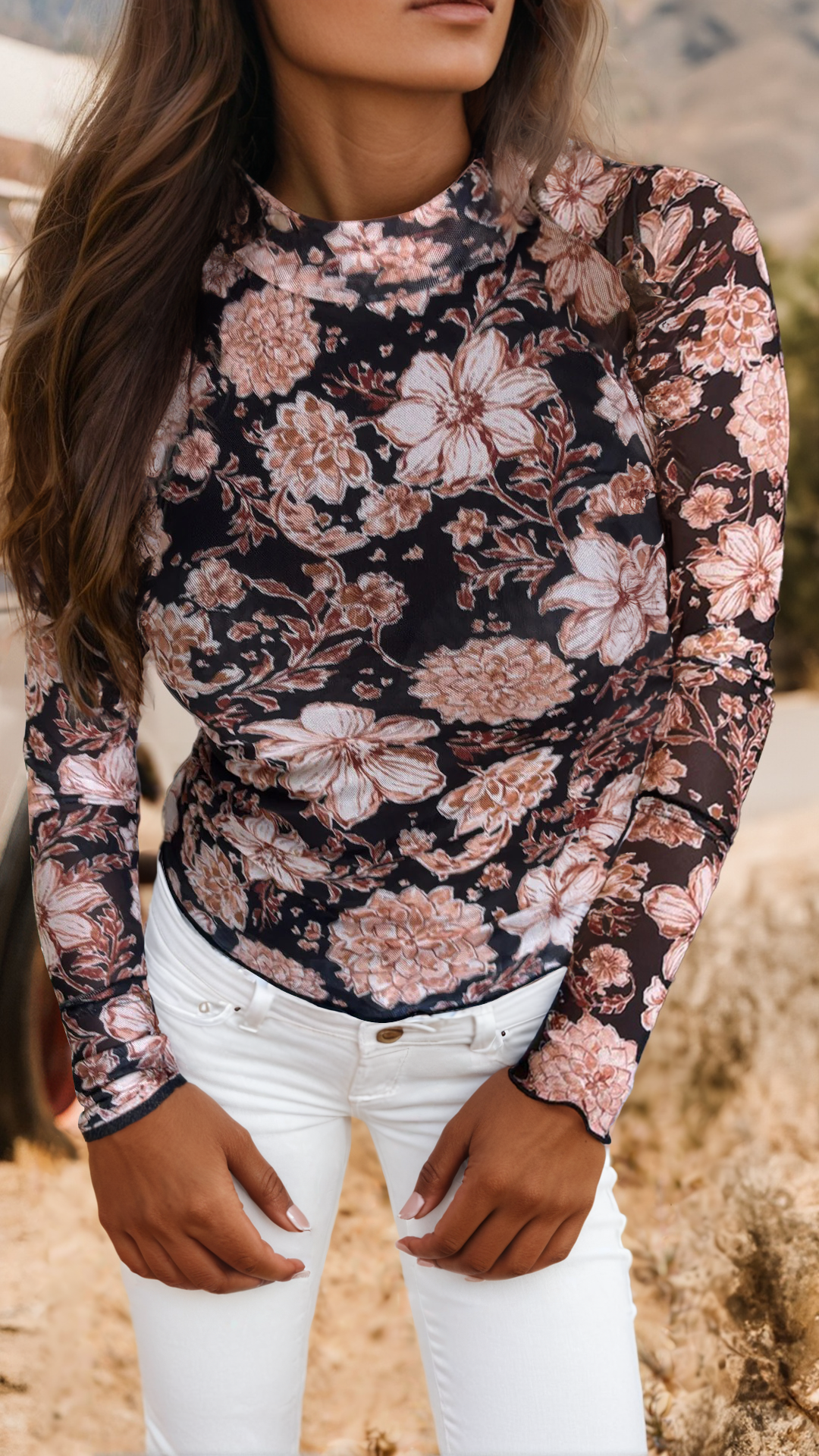 Fashion Floral Print Mesh Mock Neck Long Sleeve Top