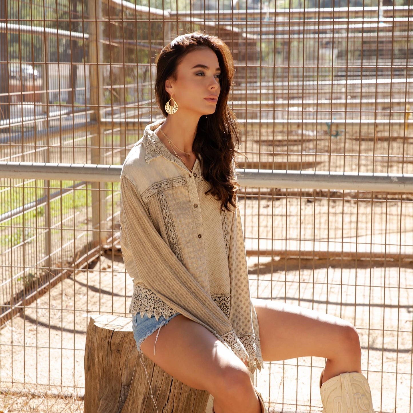 Artisan Boho Lace Trim Button-Front Blouse Top (NEW COLOR)